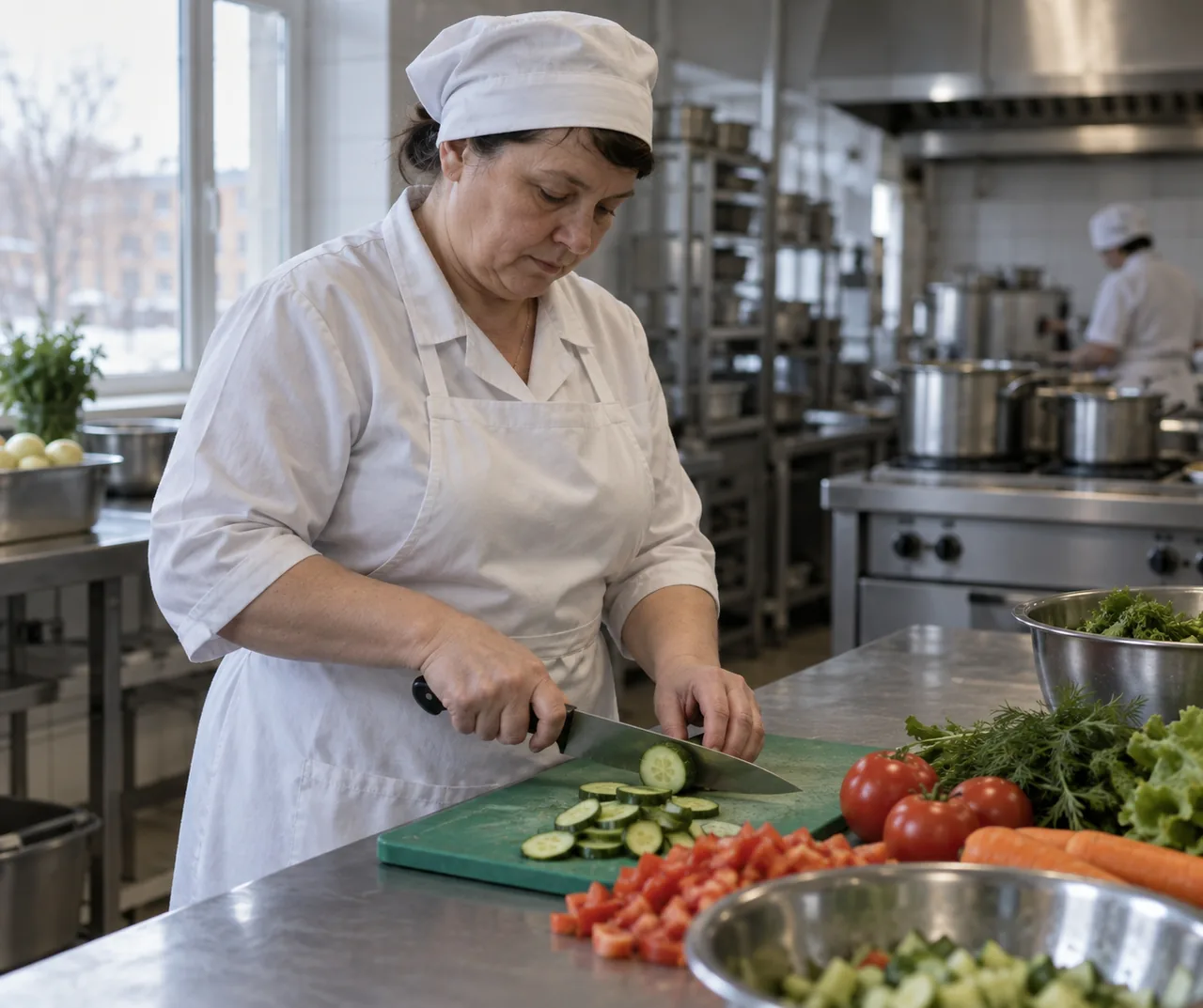 Повар в фартуке и колпаке нарезает продукты на кухне