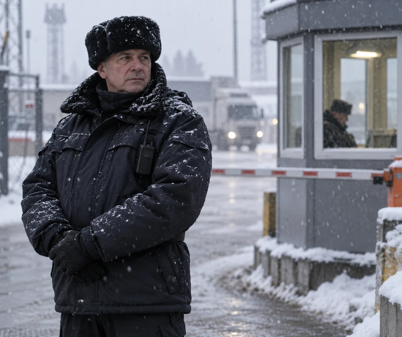 Охранник в утеплённой зимней форме на уличном посту